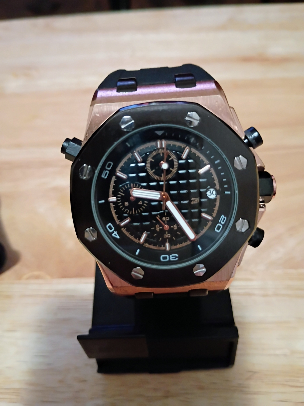 Men's Rose Gold and Black Chronograph Watch